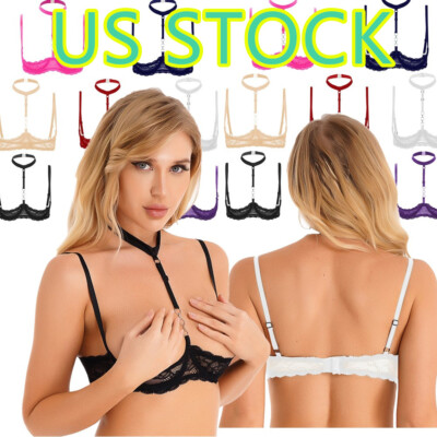 -Womens See Through Lace 1/4 Cups Bustier Brassiere Padded Underwire Shelf Bra