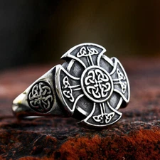 Vintage Celtic Knot Iron Cross Ring Stainless Steel Viking Axe Men's Signet Ring