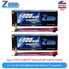 2x Zeee 7.6V 130C 6800mAh 2S Lipo Battery LCG 5mm Bullet to T Plug for RC Car