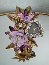 Vintage Cuff Bracelet-Floral Gold Tone Leaf - Purple Crystals- Decorative Watch