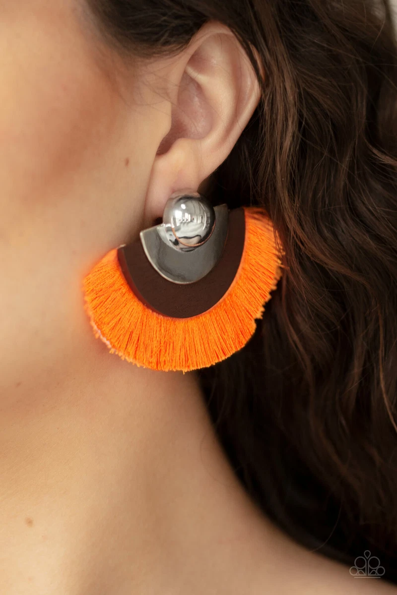 Paparazzi Earring Fan The Flamboyance Orange Fringe Post Back