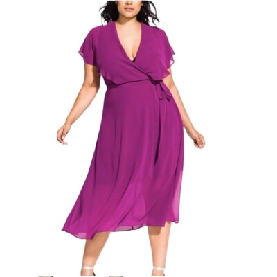 City Chic Womens Plus M 18 Amethyst Purple V Neck Overlay Midi Dress NWT CO64