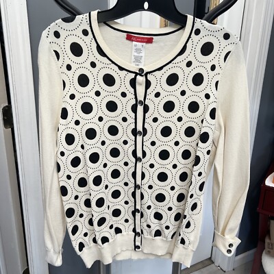 Anne Klein Womens Polka Dot Cardigan Sweater Cream Black Dots