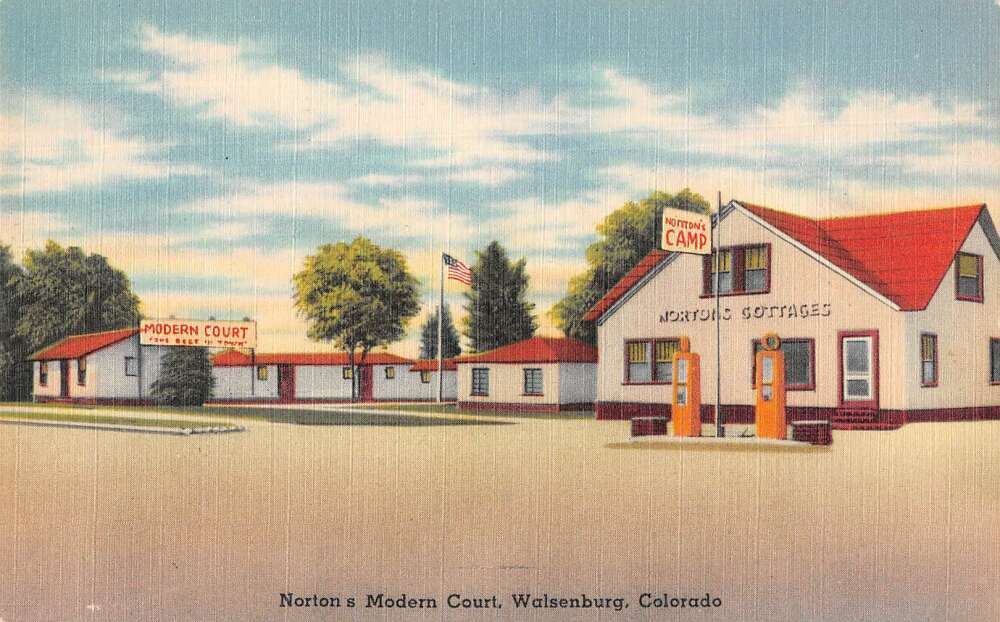 Walsenburg Colorado Nortons Modern Court Gas Station Vintage Postcard