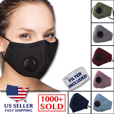 Reusable Washable Cloth Face Mask Breathing Valve PM2.5 Carbon Filter NEW COLORS