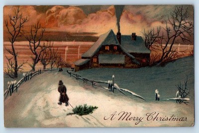 c1910's Christmas Man Puling Little Pine Tree Going Home Winter Scene Postcard