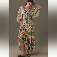 FARM Rio X Anthropologie V-Neck Kaftan Maxi Dress With CutOut Fruit Floral Print