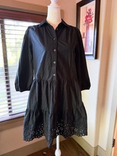 GAP Black Mini Dress Eyelet Tiered 3/4 Sleeve Shirt Dress XS - Cottagecore