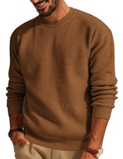 Mens Sweater Crewneck Knit Sweaters Casual Waffle Pullover Medium Brown
