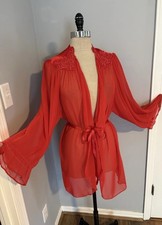 Vintage 80s Sheer Chiffon Robe Embroidery Lace Appliqu  Satin Ribbon Lingerie