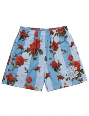 Eric Emanuel Blue Floral Mesh Sweat Shorts Red Roses Drawstring Elastic Waist