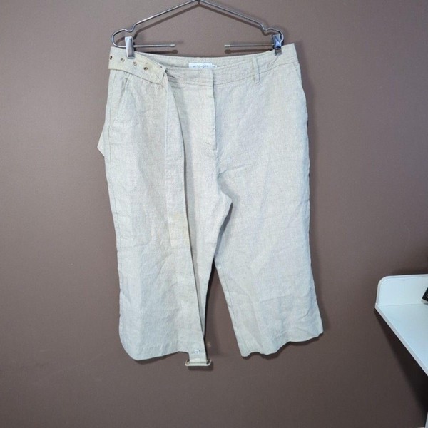Witchery Pants Womens 16 Beige 100% Linen Capri Straight Belted Casual Summer