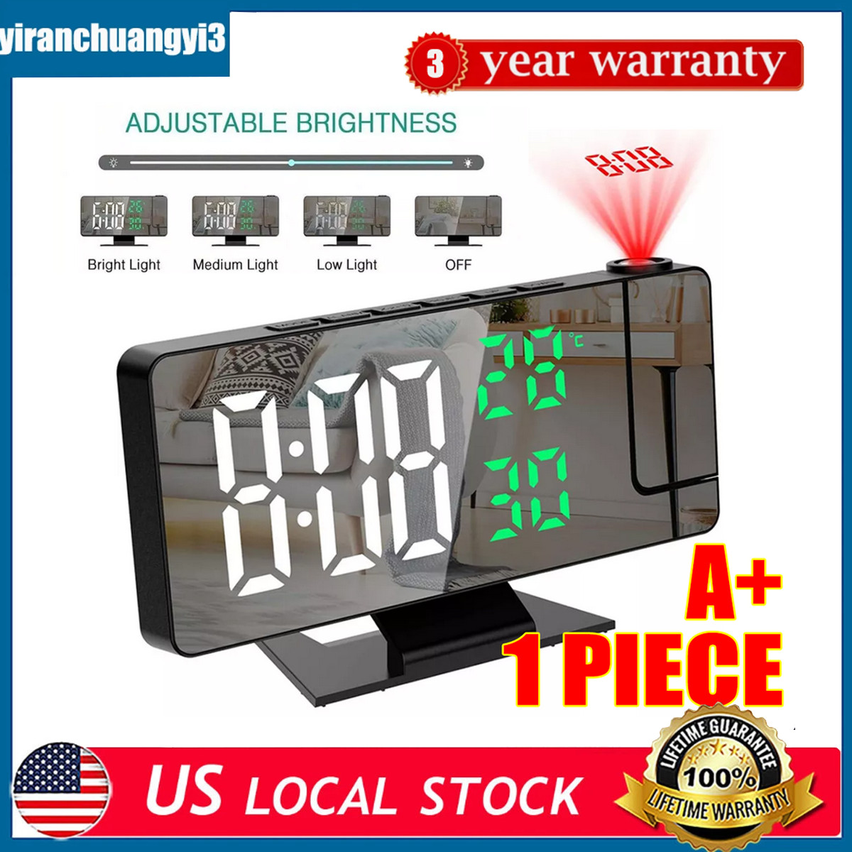 7.8" LED Projection Alarm Clocks Bedside Mirrored LED Clock with 180° Projector
