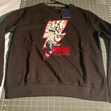 Cavalli Class Black Leopard Logo Graphic Pullover Crewneck Fleece Men L