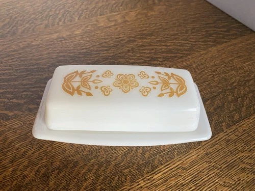 Vintage Pyrex Milk Glass Covered Butter Dish White And Gold Butterfly Flower