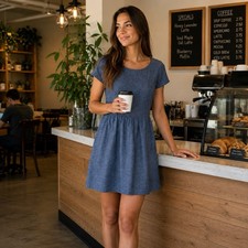 Gap Chambray Mini Dress Women Sz 4 Blue A Line Short Sleeve Light Denim Pockets