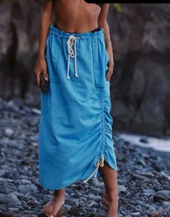 Free People Bruna Skirt Blue Cotton Linen Boho Gathered Midi Beachy