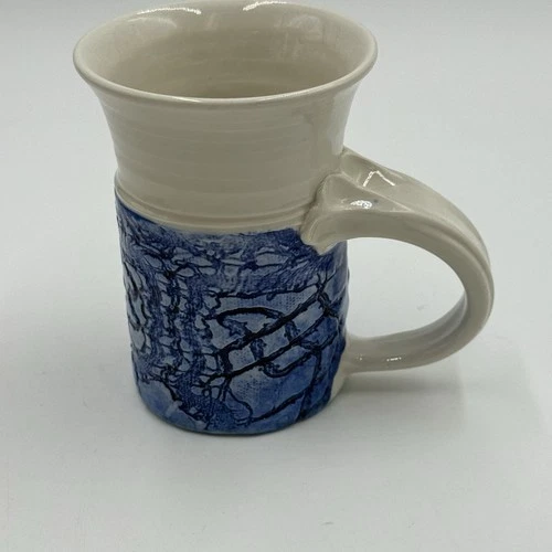 Art Pottery Coffee White And Blue Glaze Etched Handmade Vintage Mug Signed