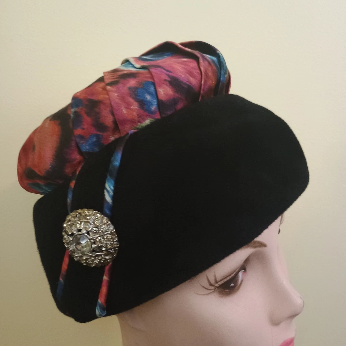 Women\'s Vintage Hat  Black Wool and Metallic Fabric Little Black 100% Wool Vintage Hats for Women for sale | eBay main image 2