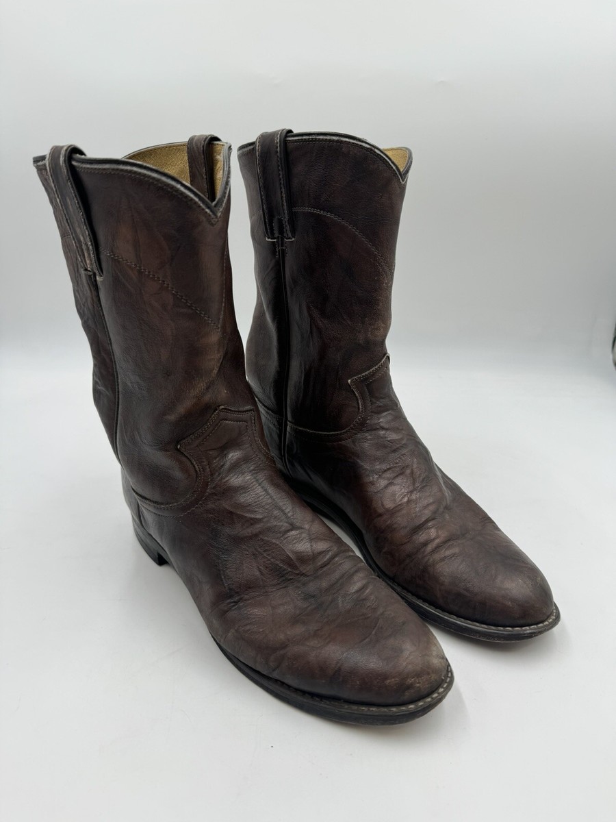 Justin Brown Leather Boots Roper Style # 3162 Size 9 D Men display picture 1