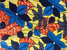 COTTON FABRIC 2 yards African VERITABLE REAL WAX X120495 flowers blue red yellow
