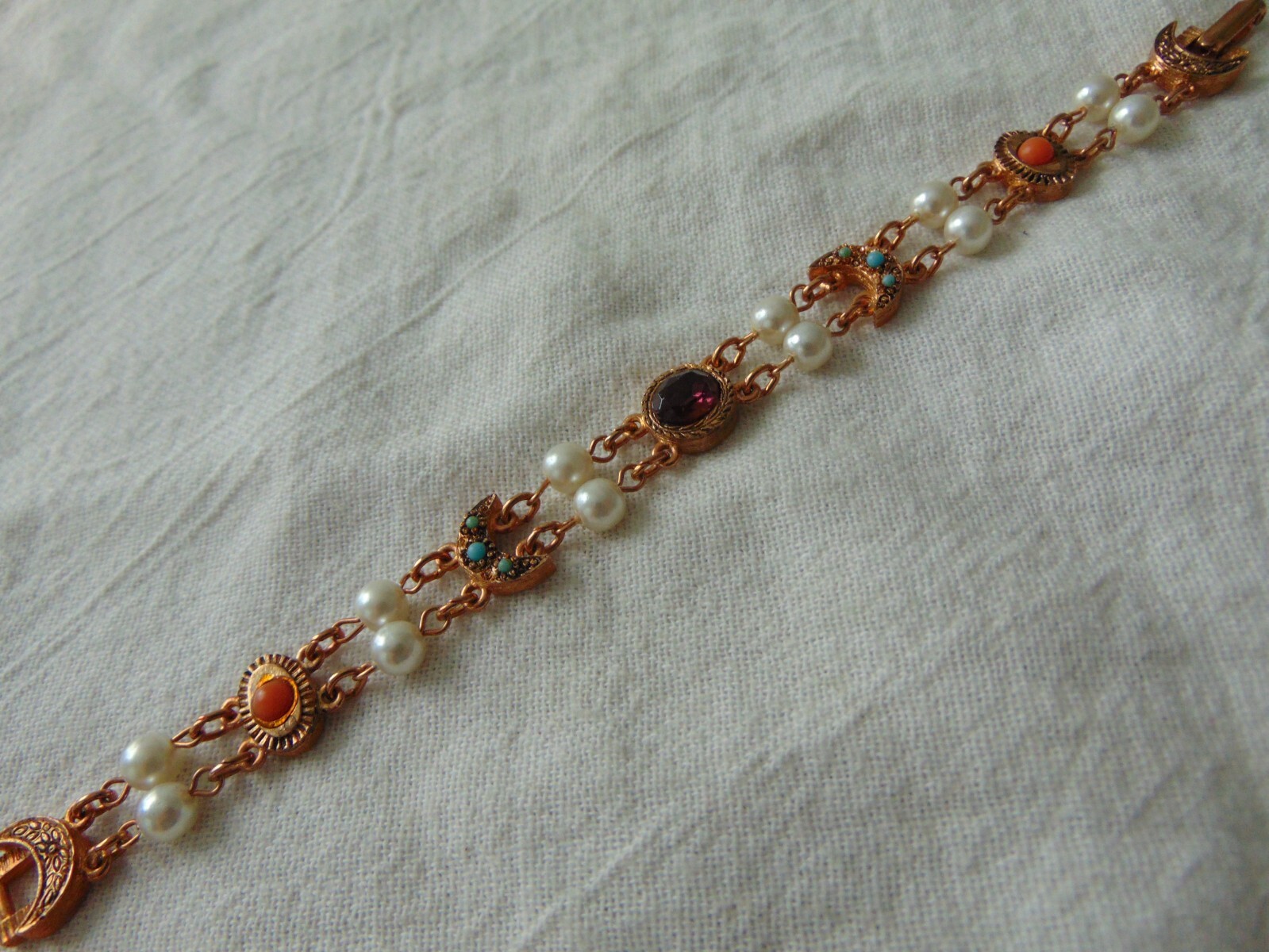 vintage Emmons signed Victorian charms pearls style double strand bracelet nos