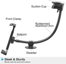 Tablet Car Mount Holder [Long Arm Gooseneck Extension] Suction Cup Mount