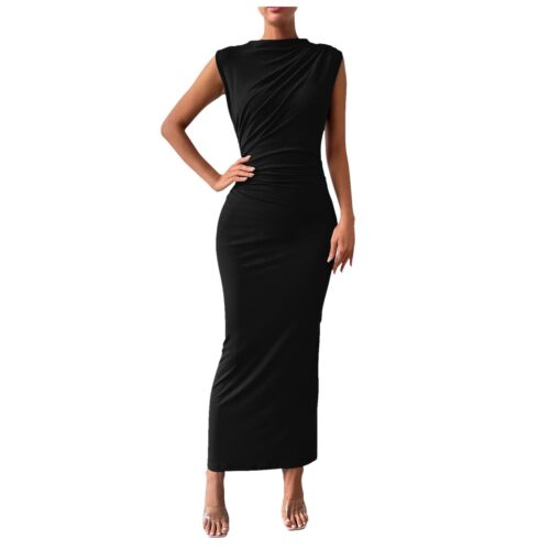 Damen gerruchtet Bodycon Kleid Sommer Freizeit ärmellos Rücken Damen Sommerkleider - Bild 2 von 42