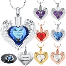 Stainless Steel Angel Wing Crystal Heart Urn Pendant Memory Necklace for Ashes