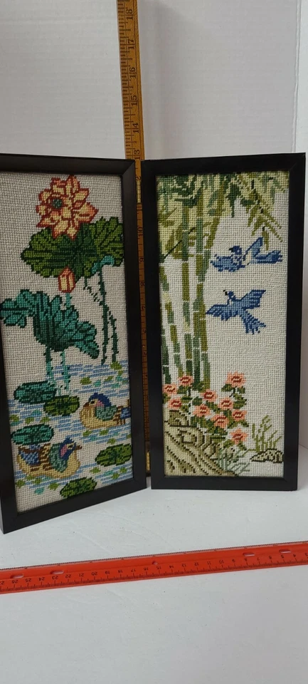 Needlepoint Picture. Birds flowers pond 2 panel picture - Image 4 of 4