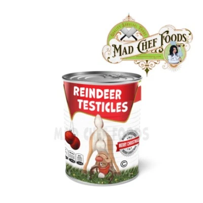 MAD CHEF FOODS FUNNY CHRISTMAS Reindeer Testicle #300 Can Label White Elephant Gift Santa 4"x9"