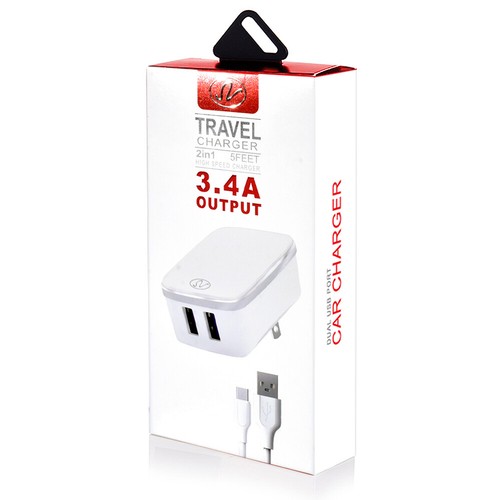 White Universal Dual Port Travel AC Charger Home Wall Adapter + Type-C Cable For - Picture 6 of 6