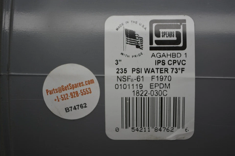 1822-030 / IPS C-PVC VÁLVULA DE BOLA 3 235 PSI AGUA 73°F MAX. PRE / LANZAS EE. UU. Foto 2 de 4