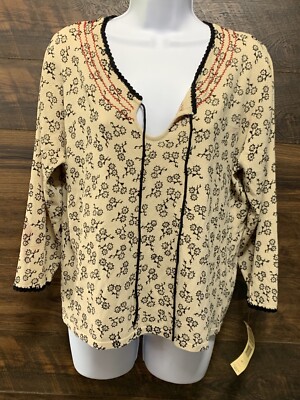 John Paul Richard Blouse Top L Beige Black Floral Tie Neck 3/4 Sleeves