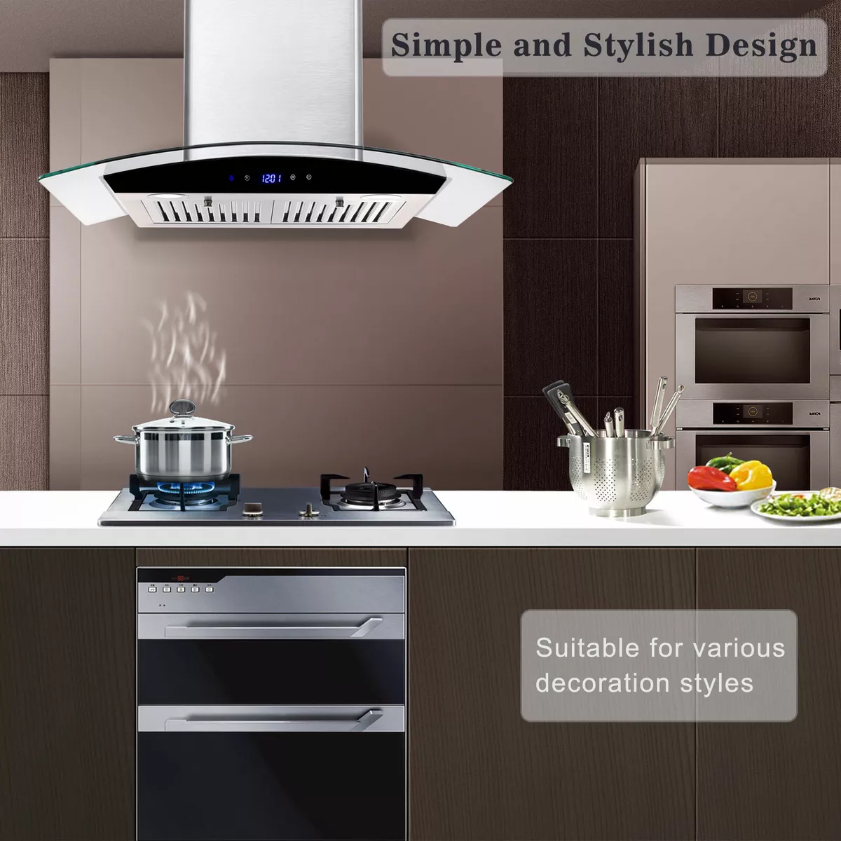 Kitchen Range Hood 30 inch Tempered Glass Touch LEDs Wall Mount Stainless  Steel