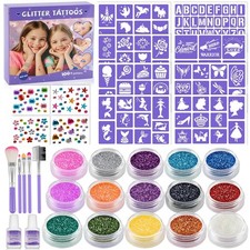 Temporary Glitter Tattoo Kit for Kids -15 Colors Powder 4 diamond...