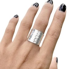Hammered Sterling Silver Handmade Wide Band Ring, Classic Shiny Finish Flat W...