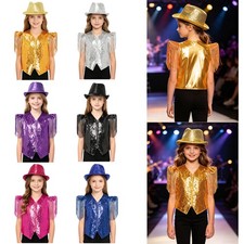 Kids Sequins Halloween Jazz Dance Cap Sleeve Vest With Hat Rumba Costume Samba