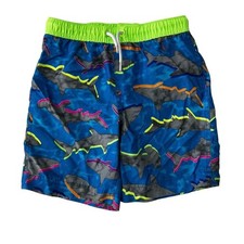 Lands' End Kids Swim Trunks - Blue and Neon Green with Shark Print