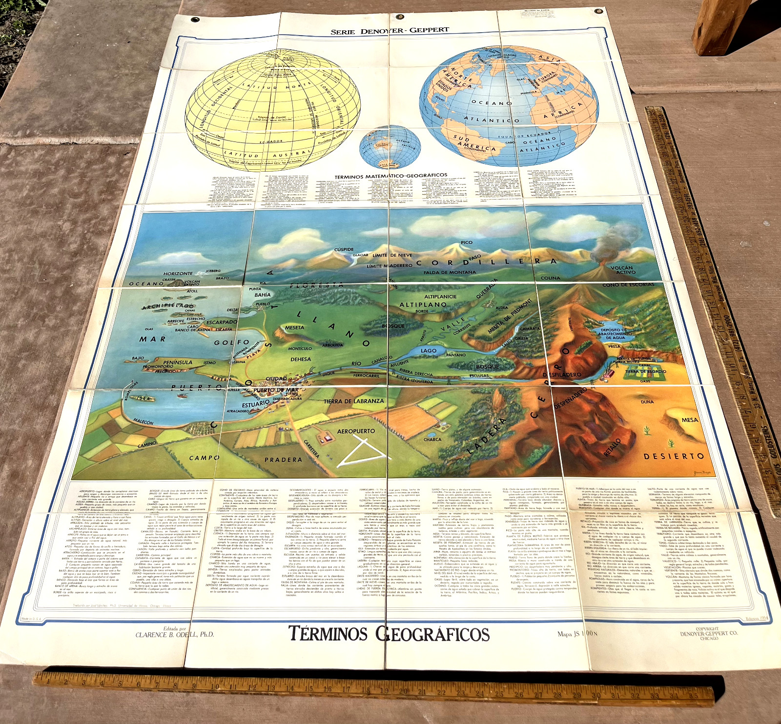 1954 Geographical Terms Folding Map JS100N Denoyer Geppert Rare Spanish Issue