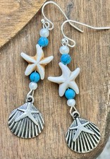 Silver, Ivory, Turquoise and Pearl Starfish Earrings. Beach Lovers