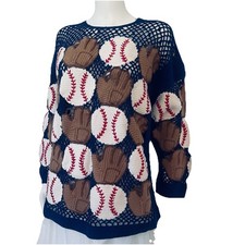 Vtg Berek 2 Women M L Baseballs Mitts Sweater Cotton Crochet Top Knit Blue White