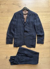 Brunello Cucinelli Linen Wool Silk Blue Check DAMAGED Suit 2 Piece sz 48