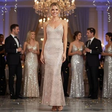 INA Women's Sleeveless Gown Maxi Dress mermaid hem sequins matte gold