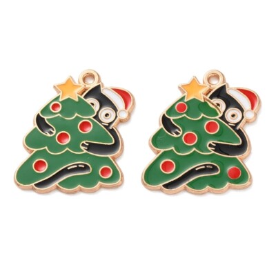 10 schwarze Katze um einen Weihnachtsbaum gewickelt goldfarben Anhänger & Emaille-Detail