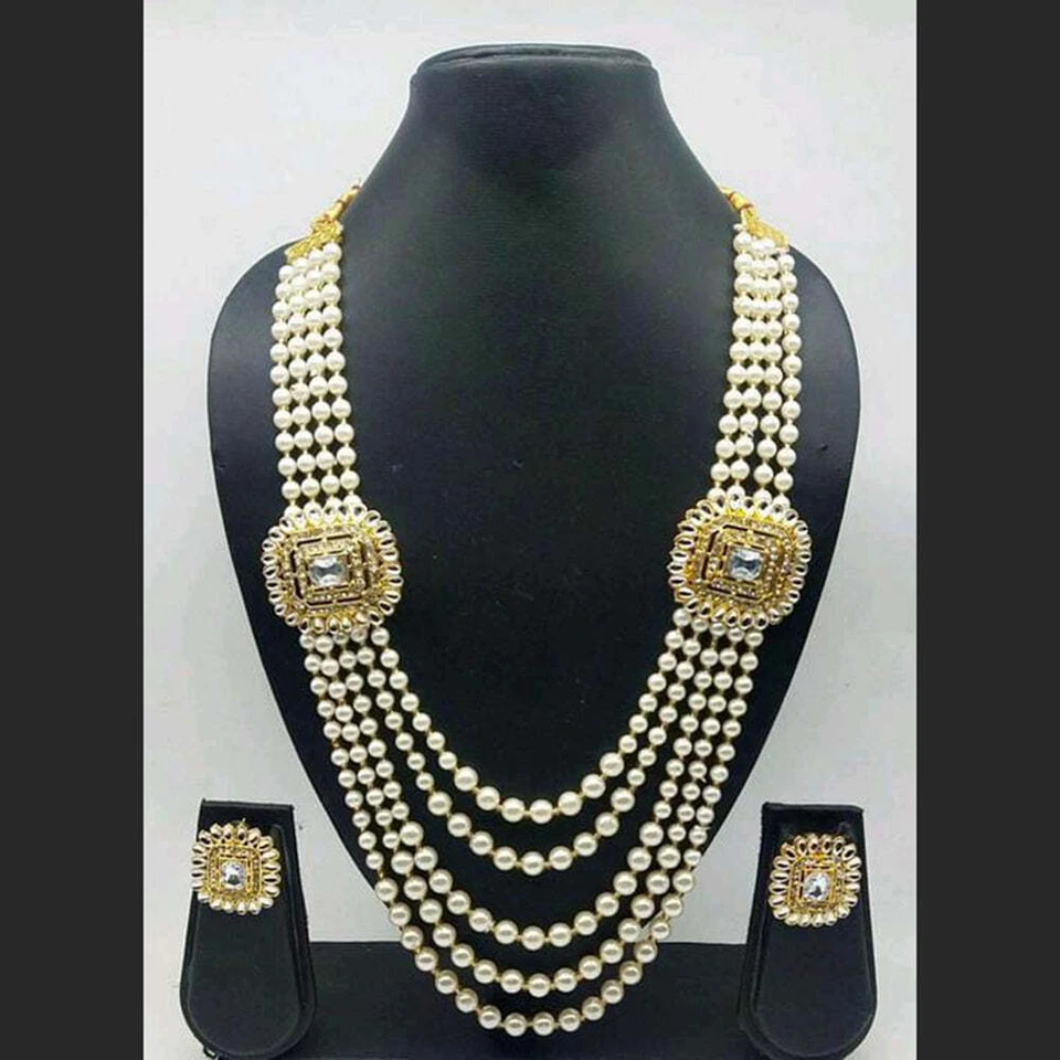 Lang Perlen Kundan Mala Halskette Indischer Bollywood Stil Vergoldet Schmuck Set