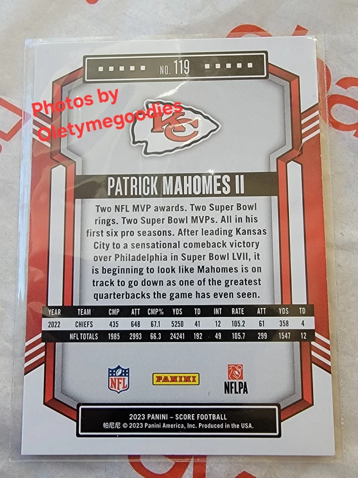 2023 Patrick Mahomes II No. 119 and No. 1 Base Celebration Score 2 Card Lot - Image 4 of 4