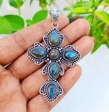 Labradorite Cross Pendant 925 Sterling Silver Handmade Gemstone Jewelry 2.85"