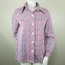 Vtg Big Collar Shirt 12 M 8 Red White Blue 70s Button Stripe Rockabilly Poly