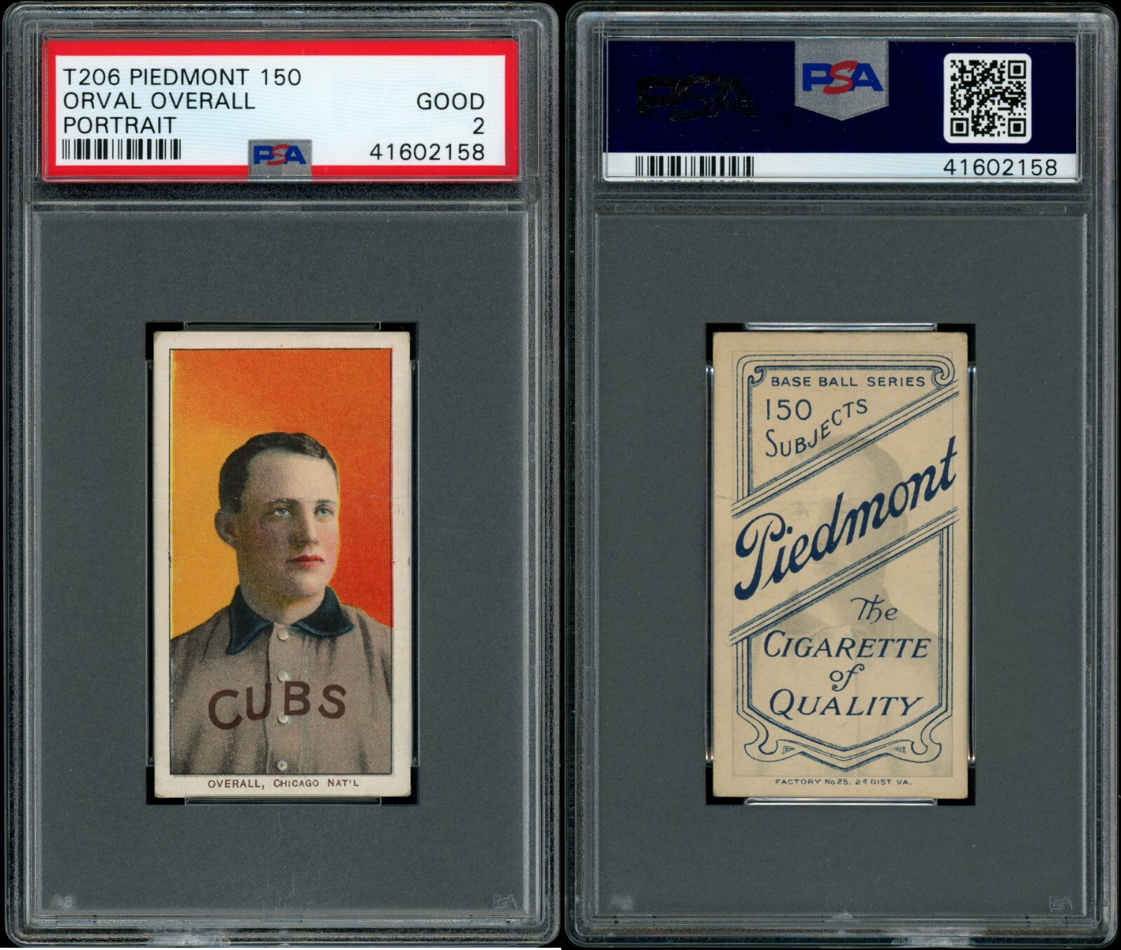 1909-1911 T206 Piedmont Orval Overall Portrait PSA 2 Rare Ghost Image Error Back